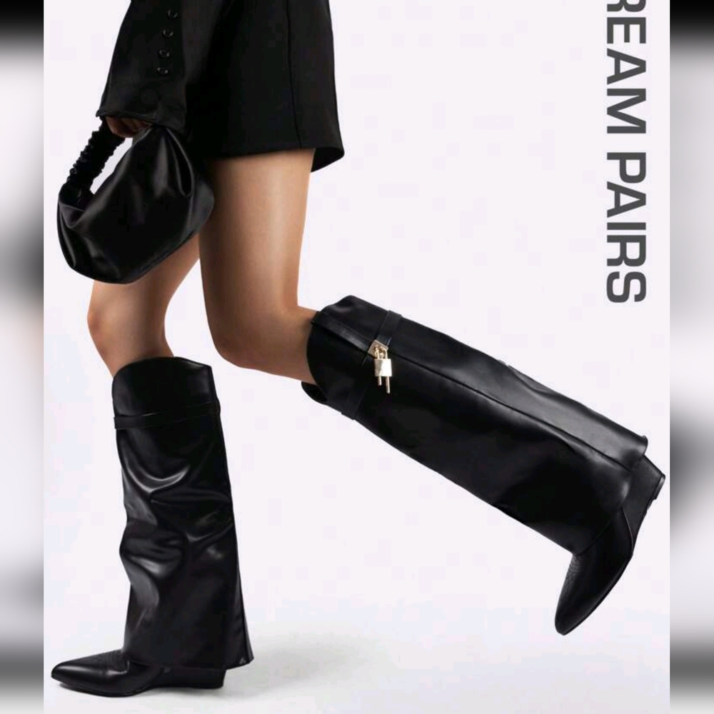 Women's Fold Over Pointed Toe Wedge Heels Knee High Boots Fashion Padlock Buckle - Picture 2 of 8